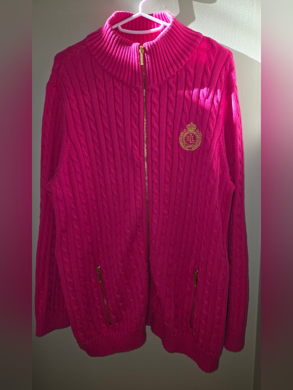 Vintage Ralph Lauren Pink Cable-Knit Zip Sweater Full Zip With Crest 2X - Picture 2 of 8